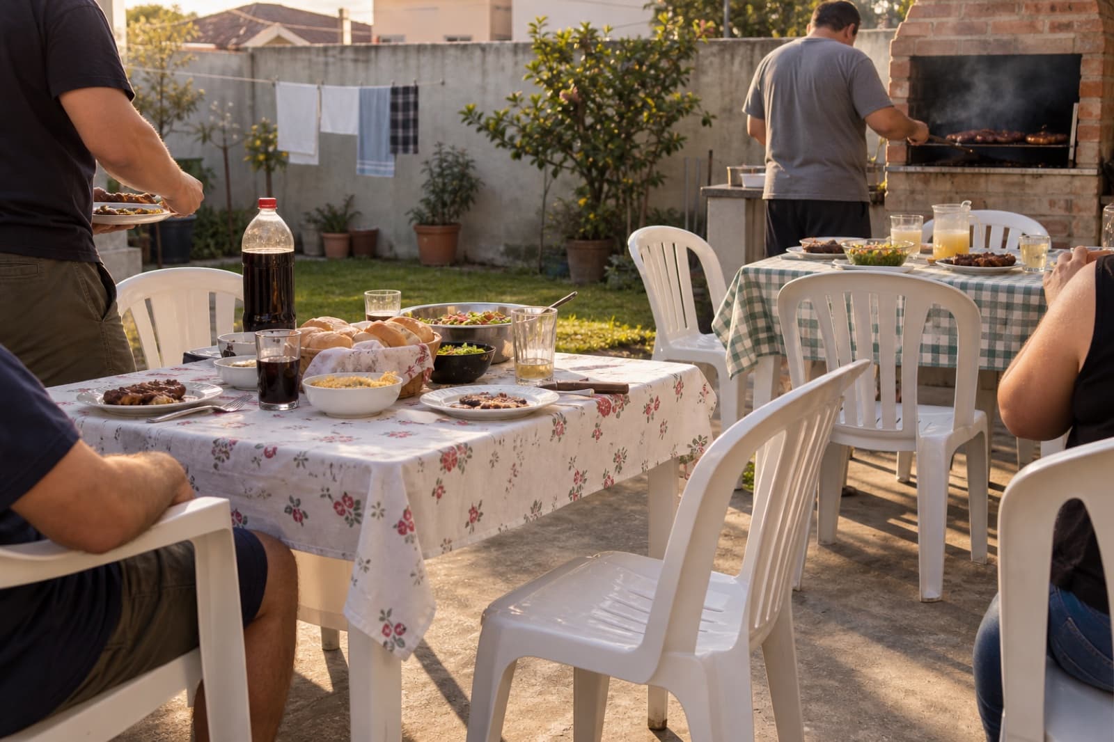 Churrasco de família no quintal em Curitiba com mesas quadradas e cadeiras plásticas brancas alugadas ao redor