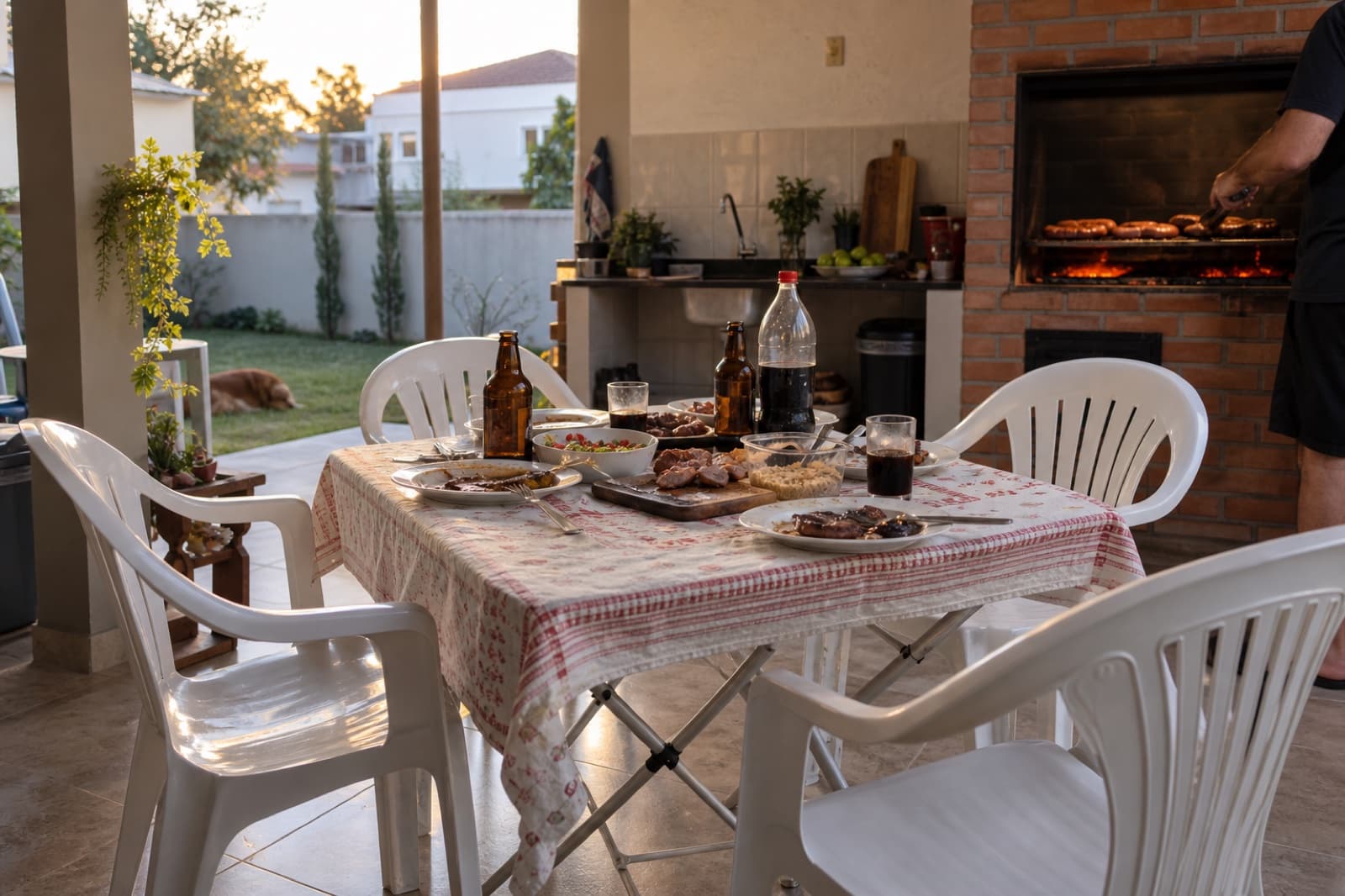 Mesa quadrada com toalha e cadeiras de aluguel montadas ao lado da churrasqueira para churrasco em casa em Curitiba