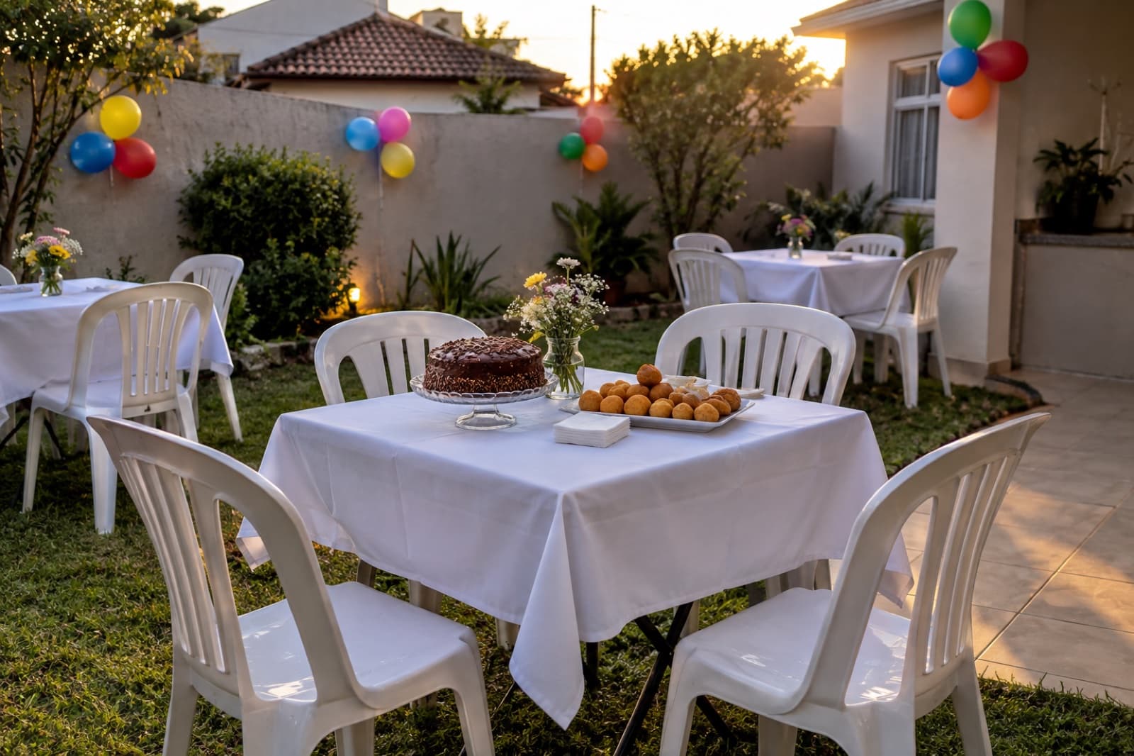 Festa simples e caprichada em casa com mesa quadrada, toalha e cadeiras brancas alugadas em Curitiba
