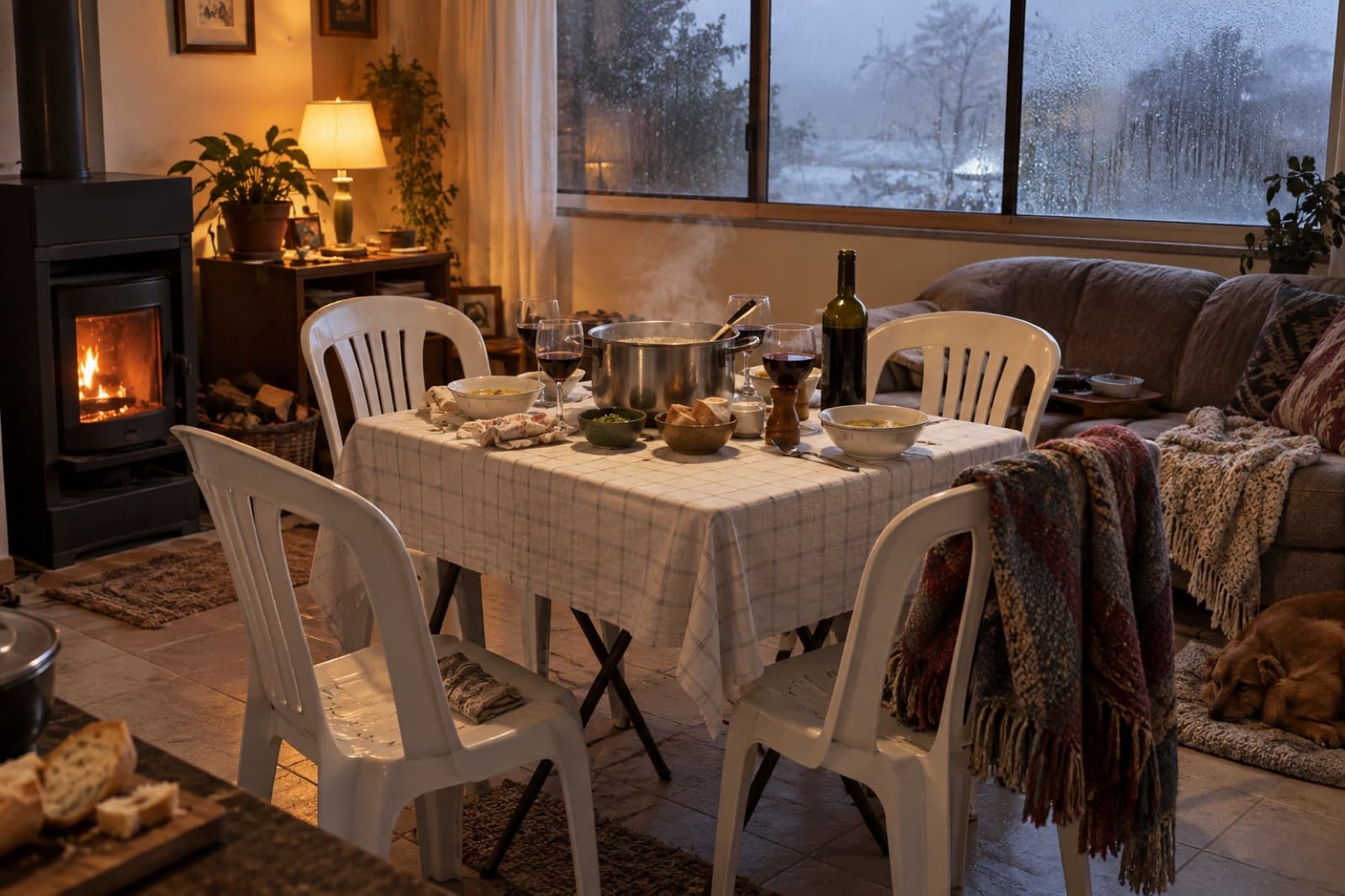Encontro de inverno dentro de casa em Curitiba com mesa quadrada montada e cadeiras alugadas