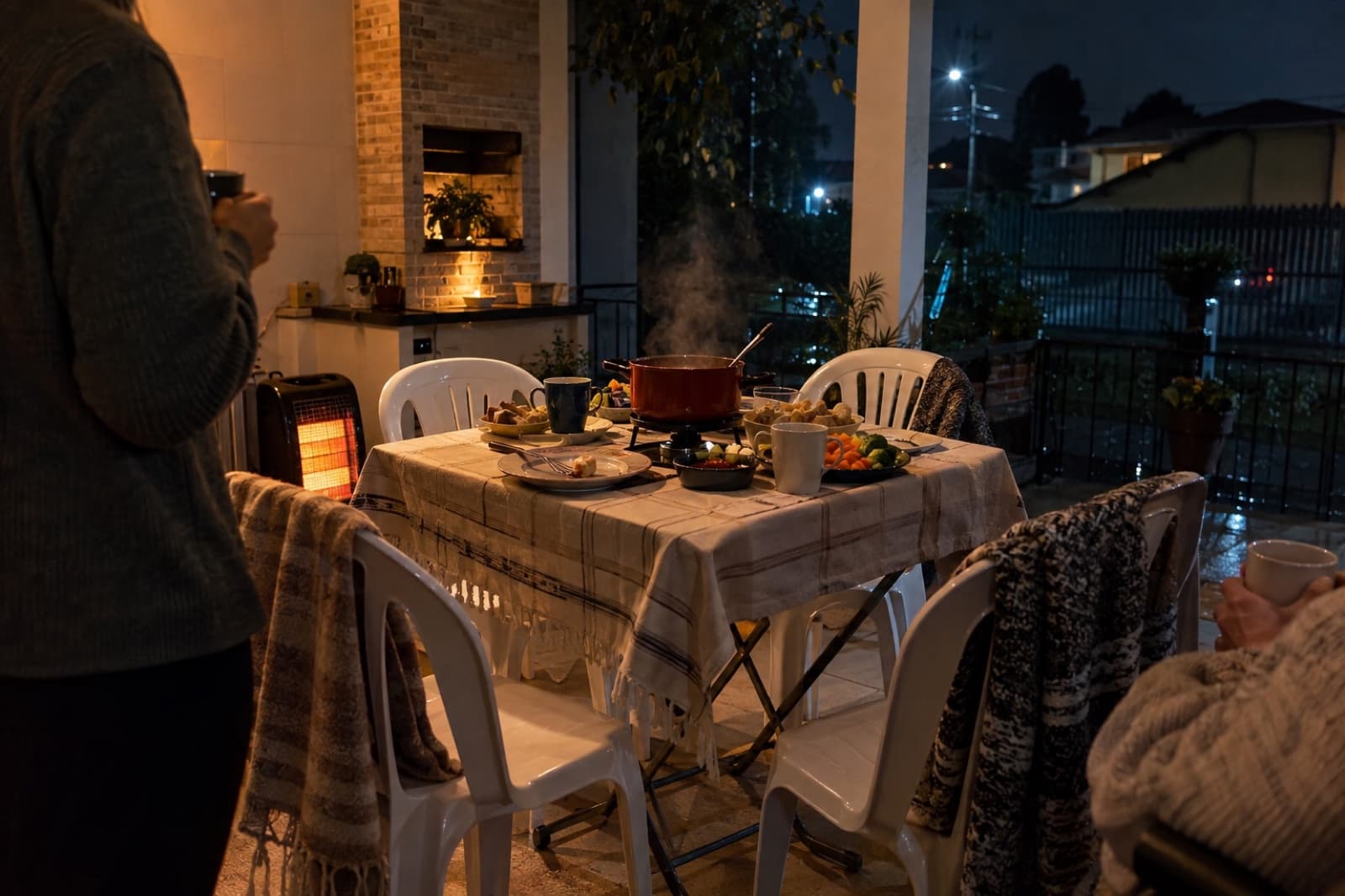 Reunião de inverno em casa em Curitiba com mantas nas cadeiras alugadas e mesa quadrada montada