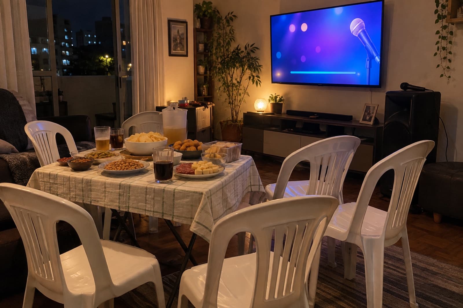 Noite de karaokê em casa em Curitiba com caixa de som, microfone, mesa de petiscos e cadeiras alugadas