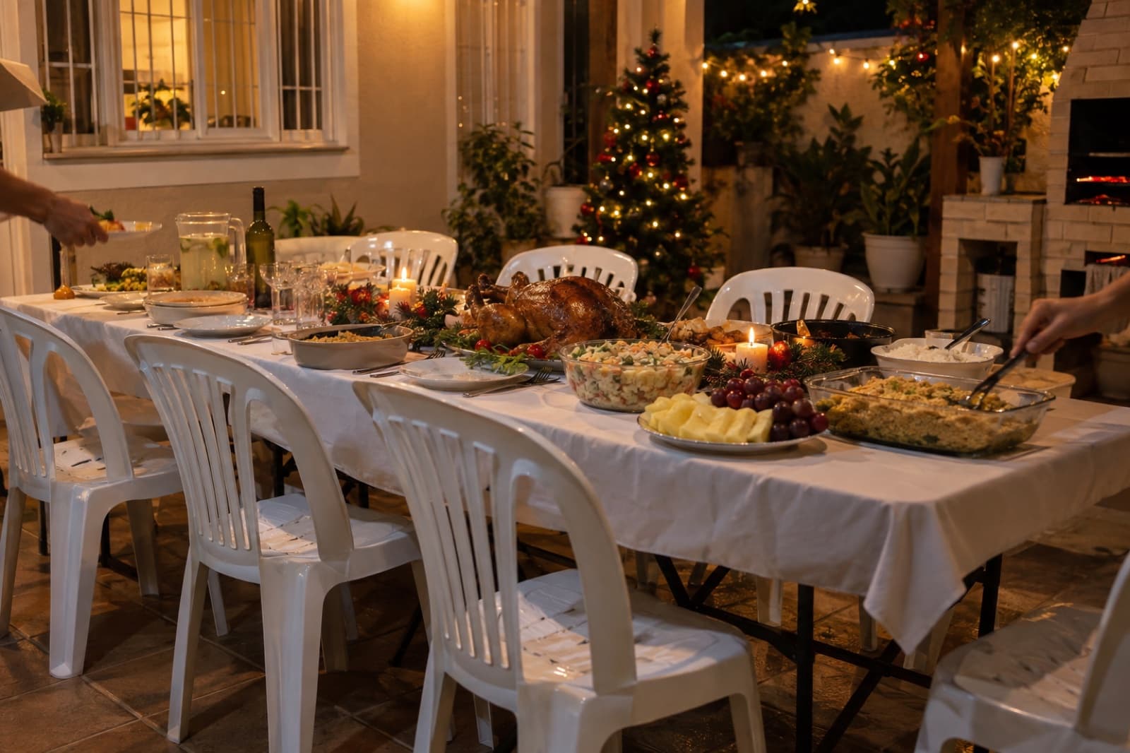 Ceia de Natal em família com mesa comprida, toalha branca e cadeiras alugadas em casa em Curitiba
