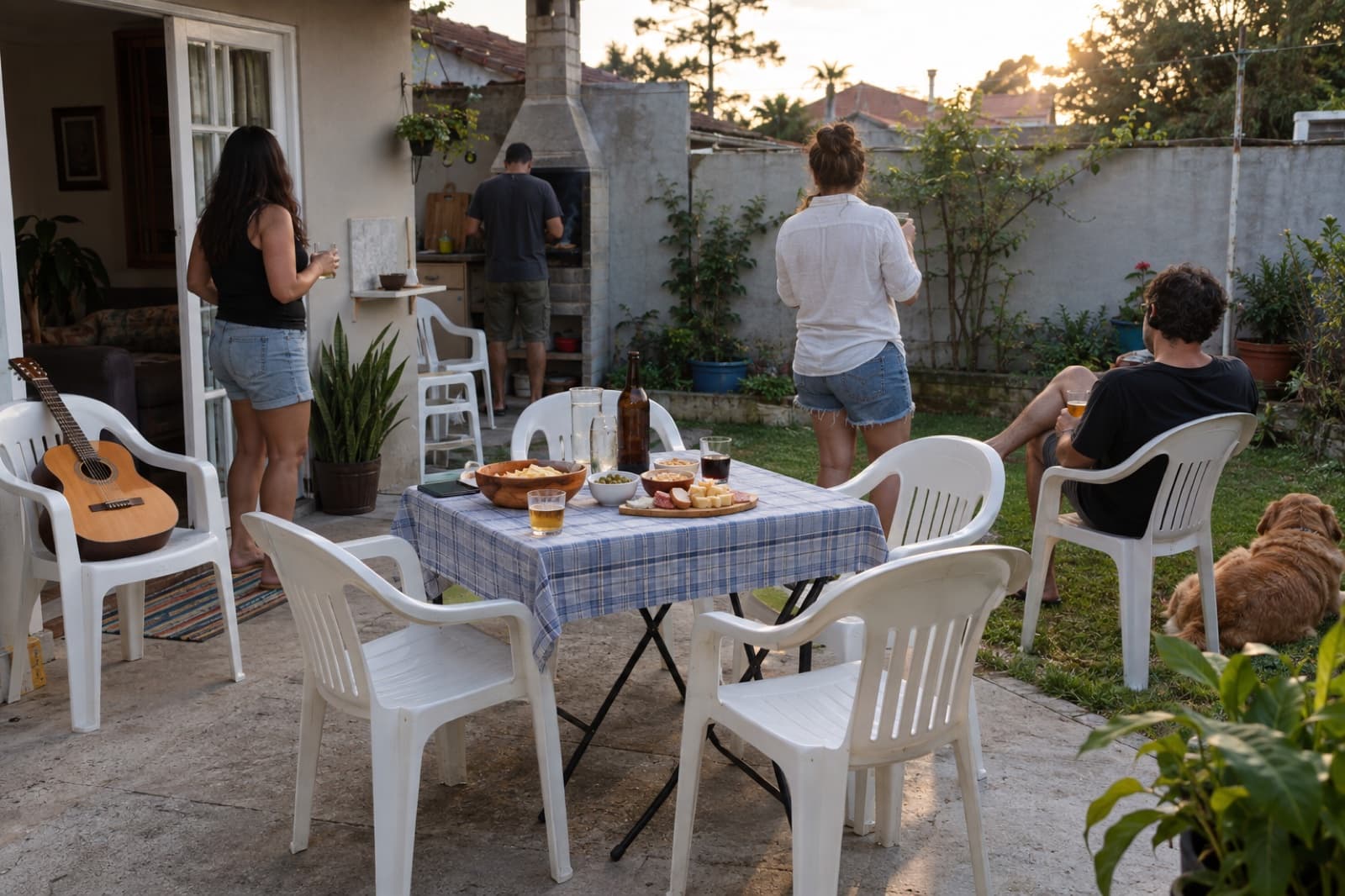 Amigos reunidos em casa nas férias com mesa quadrada de aluguel e cadeiras brancas no quintal em Curitiba