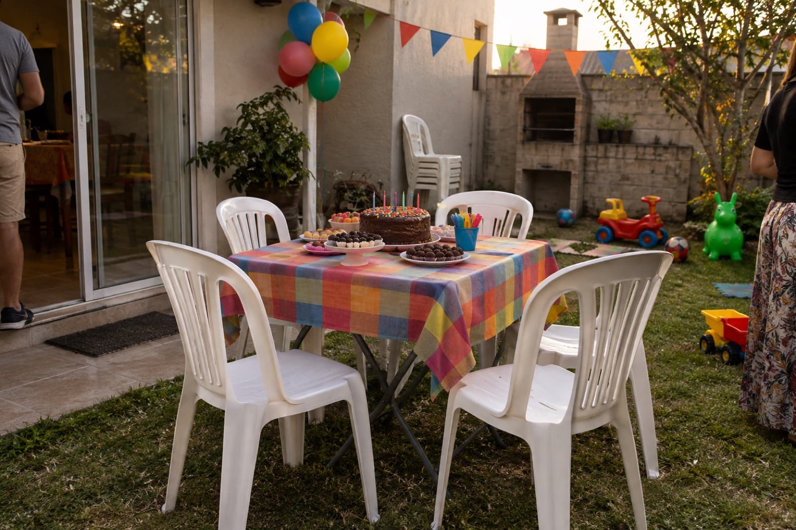 Festa de aniversário infantil no quintal com mesa do bolo, bexigas e cadeiras de aluguel em Curitiba
